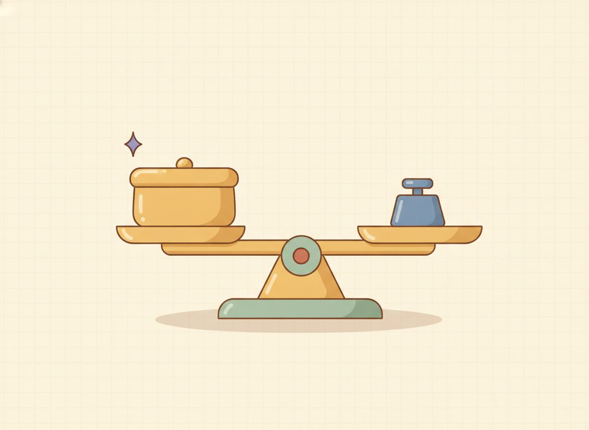 A balance scale with a covered box on one pan, picturing the equals sign as two sides held in balance.