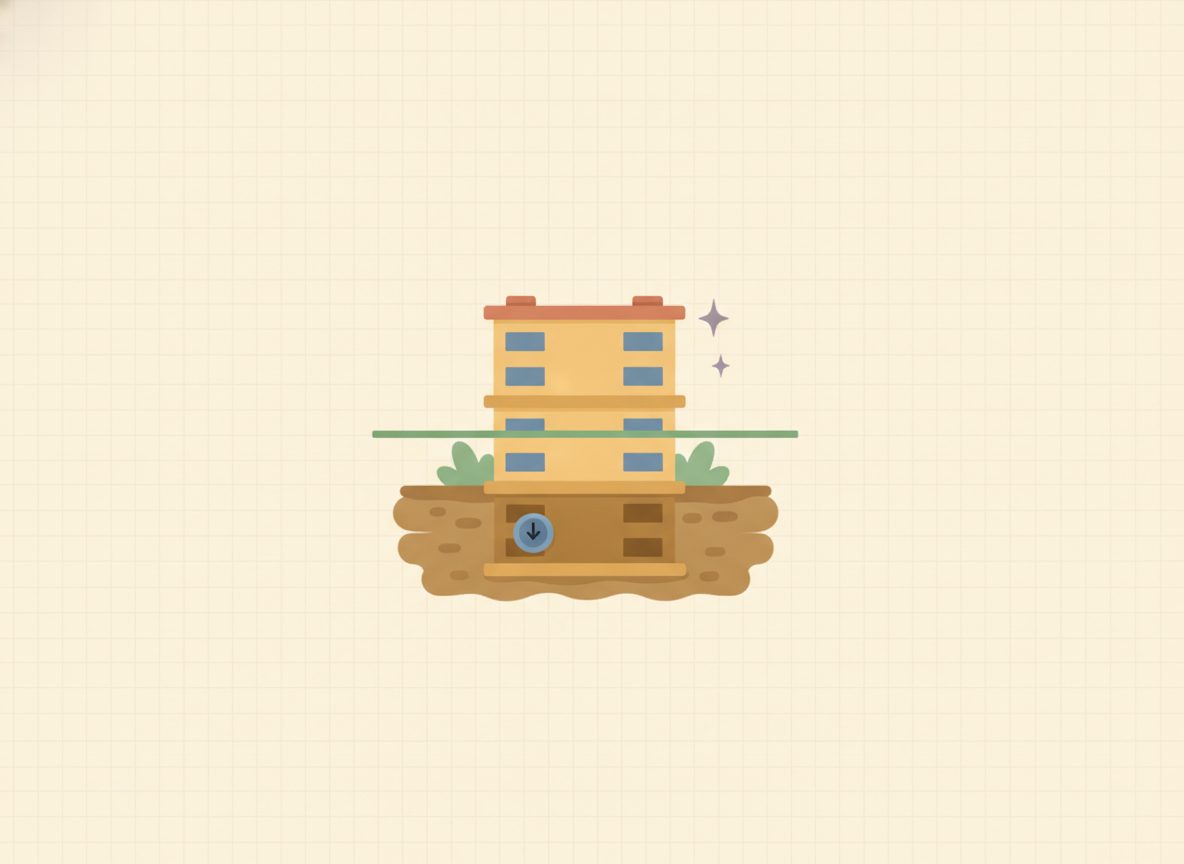 A cut-away building with floors above the ground and floors below ground, picturing negative numbers as below zero.