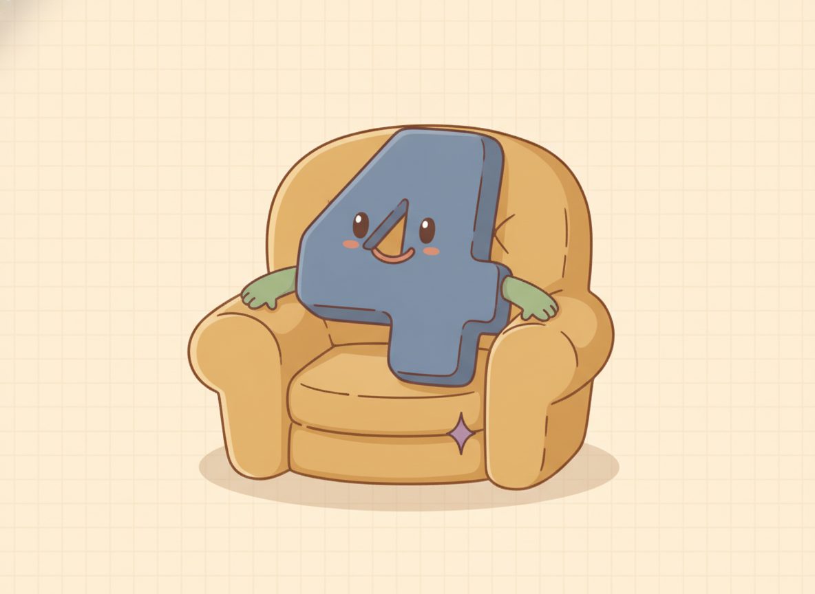 The number 4 sitting in a chair, picturing evaluating an expression by putting the value 4 in for x.