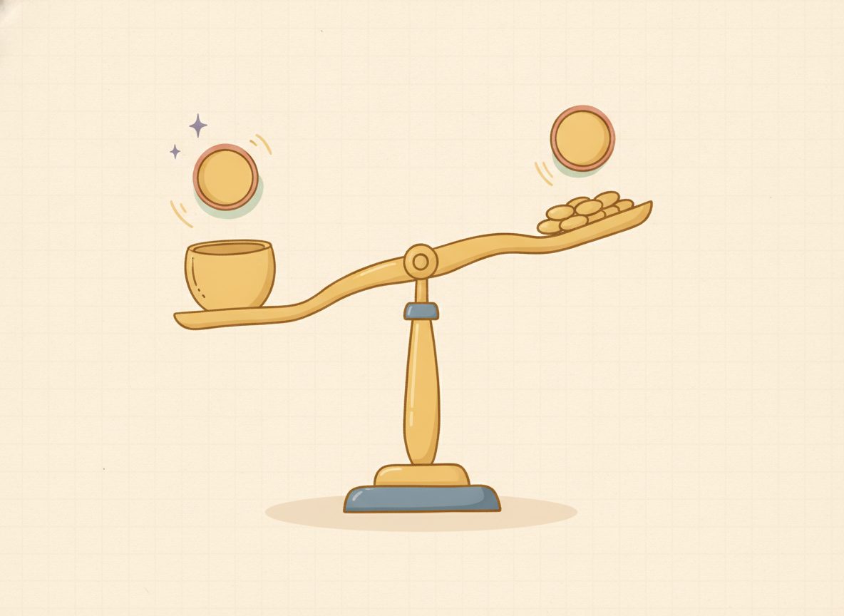 A balance scale holding a cup and coins, with the same number of coins lifted from both pans.