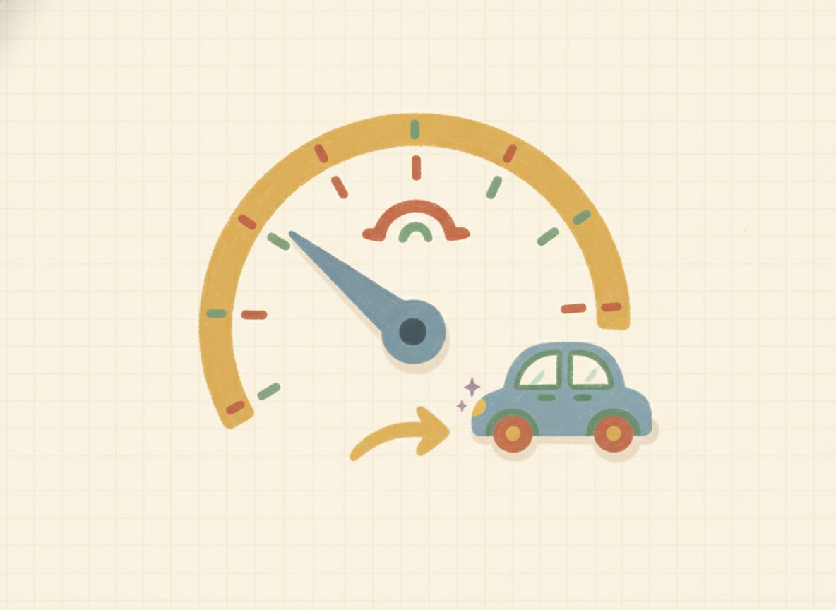 A speedometer beside a car at a steady speed, picturing a unit rate like miles in one hour.