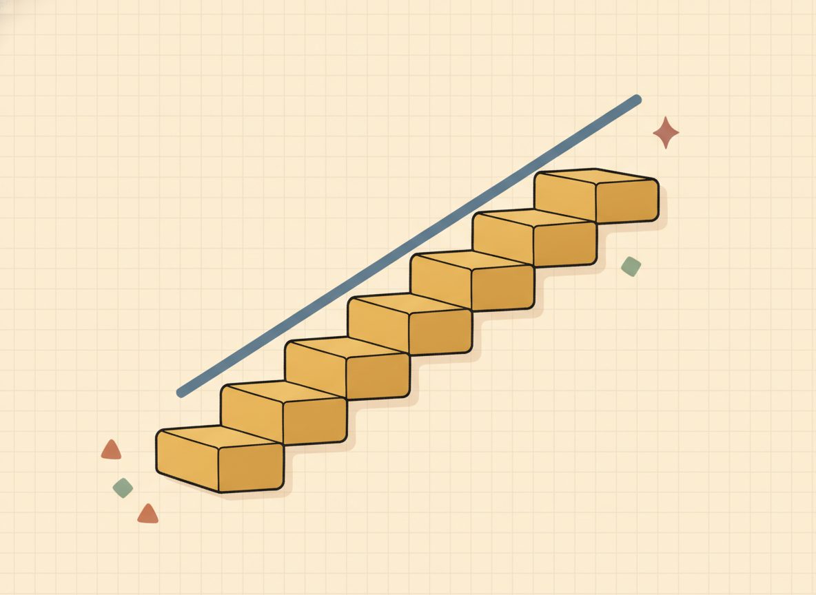 A staircase of equal rise-over-run steps climbing alongside a line, picturing slope.