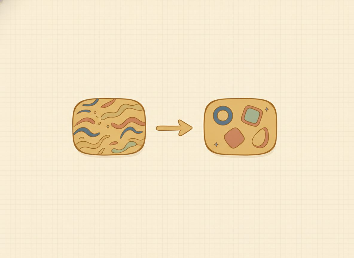 A phrase card turning into an equation card, picturing translation into symbols.