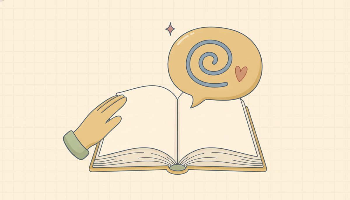 An open book with a friendly speech bubble beside it, picturing reading along with a helpful companion tutor.