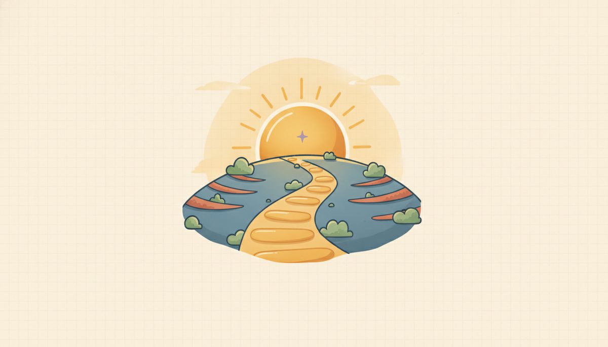 A gentle path winding toward a warm sunrise, picturing algebra as an inviting, worthwhile beginning.